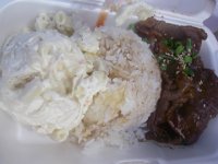 IMGP1655  Mac salad, rice and beef.