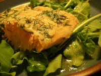 IMGP5387  Since I returned to our home from the long trip, I have had a new interest in making good dinners. It helps that our herbs are really growing well. Every day I want to make a dinner that features one of the herbs. This time it was dill that inspired me. So this is salmon with a macadamia nut, garlic and dill marinade. Served over arugula from our garden with a papaya seed dressing. It was really good :)