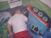IMGP5804  Sleeping in his tent while the other kids blow whistles and the wind howls. Not sure how he does it! I guess sleeping through nail guns for two weeks is good conditioning. Actually - he's been napping quite frequently at Mom and Pete's :) They enjoy their nap buddy very much!