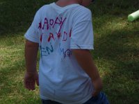 P6210221  Here's the t-shirt! "Happy Birthday Ben and Mommy!" He wrote it all himself.
