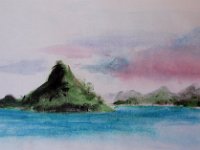 PA160015  Oh - did a little quickie watercolor fingerpainting of Chinaman's Hat, which is just offshore at this beach. My friend Liisa loved it right away, so she's got claim to the original :)