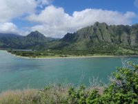 PC060085  View from the top - fish ponds to the left and Kualoa Ranch off to the right where many movies have been set, including Jurassic Park and 50 First Dates.