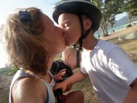 P8070094  This was funny - we have a tradition of catching morning smootch on camera while camping but forgot today! So we grabbed a picture but the shutter wasn't fast enough - got the bathroom door instead! So we redid it but in the process of holding the smootch long enough it looks like we're really really smootching here! Ben is going "UGH! HONESTLY!"
