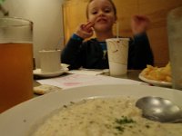 PA170014  At JJ's Fish House for the best clam chowder on the planet!!! Sam was so gracious here, too, saying "Thank you for taking me back here, mom! I like this chowder VERY much, do YOU?" He even called Dad to say where we were and left a message.