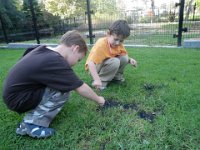 PB090089  The tar was seeping up in the grass! Cool! We brought some home with us. Dave was laughing on the phone tonight, saying "That kid is so well traveled, with his rocks from Scotland, sticks from the Adirondacks, another stone from Macaroni Grill in Albany (!) and tar from LA.