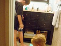IMGP0827  Little boys finding great excitement in cleaning the bathroom one night, while awaiting Daddy getting home late from work and mommy wondering what in the world to feed them (still upset tummies, but BRAT getting really BORING!). They were so cute cleaning! At this point I am a cleaning NUT and figured playing with cleaning supplies was probably the best thing we could all be doing.