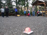 IMGP5963  For the spear throwing contest we thought it would be fun to have a target. What better target then the failed cake? Whoever knocked it over, won. We kept moving it closer to give the guys a better shot.
