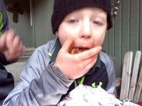 Pic-02042014-010  We made crumb cake one afternoon last week, and ended up chomping massive bits of it outside with our friend Ingunn because it started snowing. So we had to celebrate!