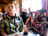 20140414 123458  At a luncheon for Rotarians - Sam demo-ed how robots work and what the grant money that Rotary has donated to his skill can fund (Mindstorms kits like this are now in the schools).