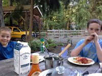 20140722 192014  Eating dinner outside so we can monitor roosters all playing together. Going well so far!