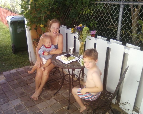 Enjoying our Mother's Day fruit plate on the new patio.