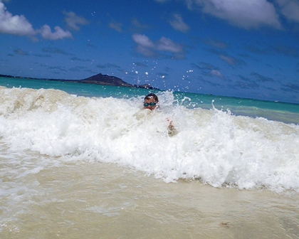 Sam body-surfed for three hours straight - he couldn't even be enticed with Cheetos!