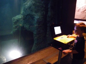 Sam guiding an ROV into an underwater cave at the Bishop Museum.