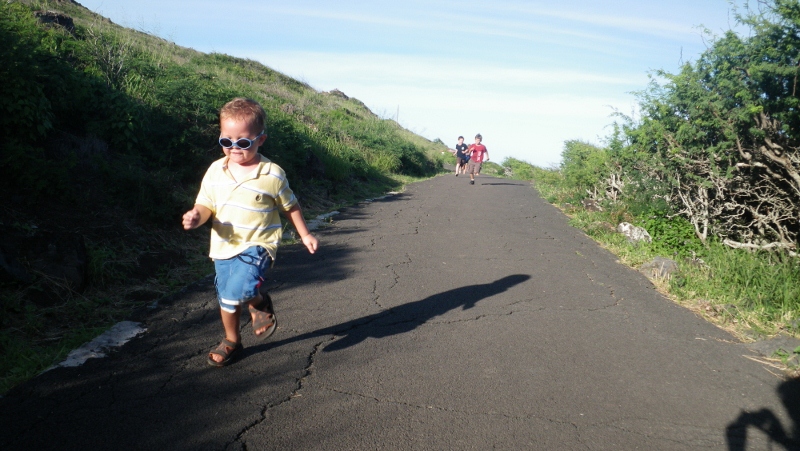 The kids ran about half the hike uphill, then almost all the way down hill! They were so funny, barreling downhill with people parting the way so they could plow through. Tamara and I were trying to keep up, then all of a sudden one of the little ones would sit right down in the middle of the small road and play with rocks in the crevices of the asphalt! No one got hurt, miraculously!