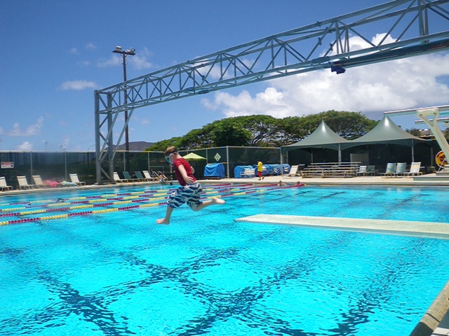 Sam passed his swim test today so he was able to take his first jump off a diving board, too!