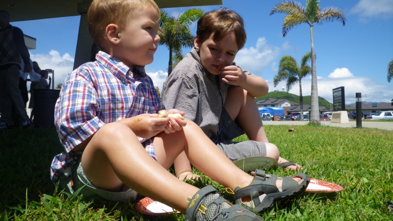 imgp3245-800x451 First Easter eggs for breakfast (the hard boiled kind that the boys LOVE), then Church, then donuts after church! Here they are contemplating the goodness of Church.