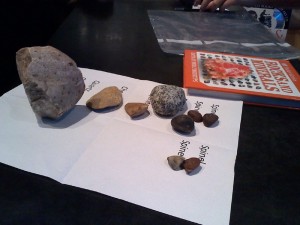 Showing his collection to a docent at the museum who studied geology. Comparing notes on his identification - seems he got them right with one in question!