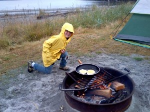 Cooking breakfast in the rain on our last day. It was still really nice - can't argue with a campfire on the beach even if it's raining :)