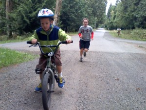 Sam is sprinting toward us at the end of the ride. We did   just over 4 miles. 