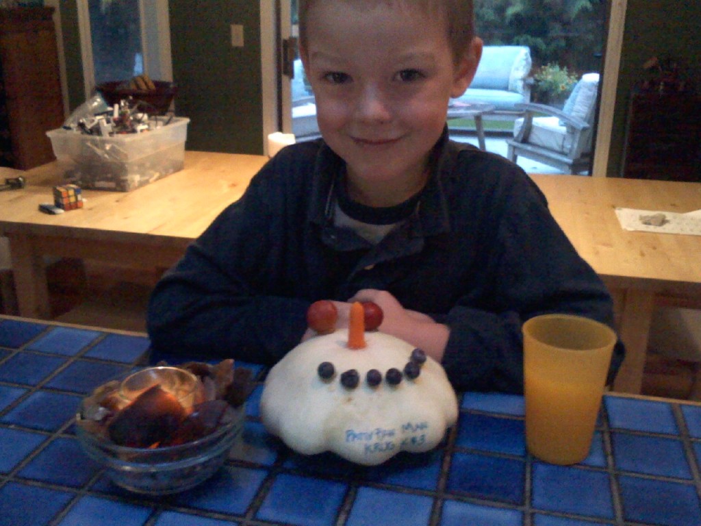 Harvest Fair creation. Both boys were sick that week, and Sam was out of school so Ben made the creation that morning. It's a patty pan squash from our garden.